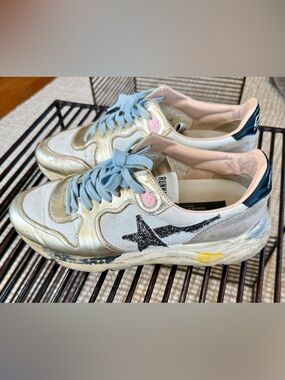 Golden Goose Running Sneakers Sz 39 Gold Cream Glitter Star Italy